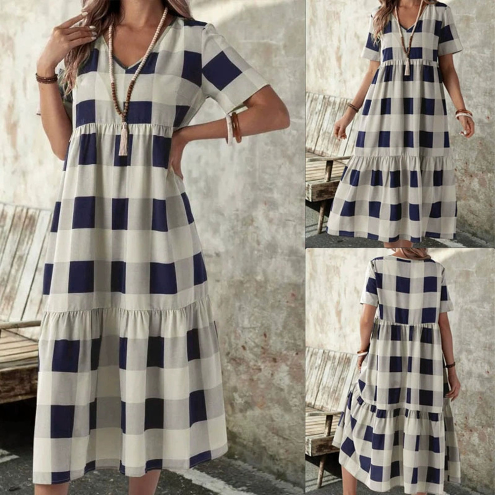 Forever 21 Women's Summer Plaid V-Neck Short-Sleeve Long Dress Elegant